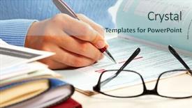  Presentation with writing pen - Audience pleasing PPT theme consisting of tax record - hand with a pen writing backdrop and a lemonade colored foreground