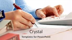  Presentation with business calculator - Slide deck having tax record - hands of accountant business woman background and a coral colored foreground