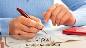  Presentation with business calculator - Amazing slide deck having tax record - hands of accountant business woman backdrop and a  colored foreground