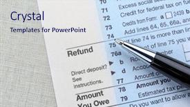  Presentation with tax refund - Slide deck with tax refund document and pen background and a sky blue colored foreground