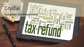  Presentation with tax refund - Beautiful slide deck featuring tax refund word cloud backdrop and a soft green colored foreground