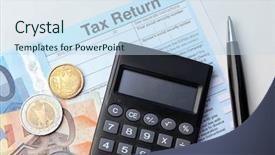  Presentation with calculator - PPT theme with tax return form calculator pen background and a sky blue colored foreground