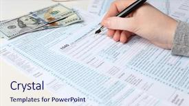  Presentation with next year - Slide deck featuring tax return form for 2015 background and a sky blue colored foreground