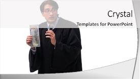  Presentation with judge - Amazing presentation design having tax rules - young handsome judge isolated backdrop and a  colored foreground