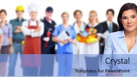  Presentation with industrial workers - Cool new slide set with industrial accounting - business woman and group backdrop and a light blue colored foreground