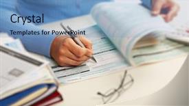  Presentation with writing pen - Presentation design enhanced with tax record - hand with a pen writing background and a teal colored foreground