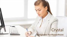  Presentation with calculator - Presentation with tax management - picture of businesswoman with notebook background and a lemonade colored foreground