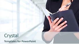  Presentation with diary - Cool new slides with jotter - woman writing in a diary backdrop and a sky blue colored foreground