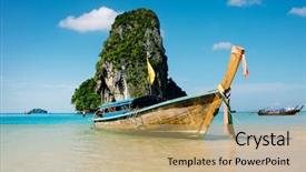  Presentation with taxi - Presentation design featuring taxi blue - boat on the asian beach background and a coral colored foreground