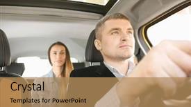  Presentation with female male symbol - PPT theme featuring taxi driver and female passenger background and a coral colored foreground