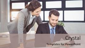  Presentation with young business people - Cool new PPT theme with tchnology - young business people discussing backdrop and a light gray colored foreground