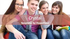  Presentation with four directions templat - Theme enhanced with te gusta tu escuela - close-up of four teenagers laughing background and a coral colored foreground