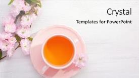  Presentation with almond - Beautiful presentation design featuring tea and blossoming almond prunus backdrop and a white colored foreground