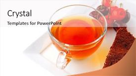  Presentation with white plate - Presentation having tea and cherry with cakes background and a white colored foreground