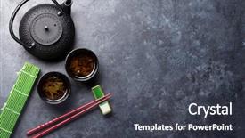  Presentation with japanese green tea - PPT theme enhanced with tea and sushi chopsticks japanese background and a dark gray colored foreground