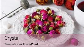  Presentation with flower office desk table - Slide set featuring tea and tea rose flowers background and a  colored foreground