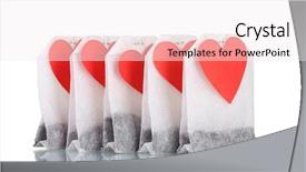  Presentation with labels - Colorful slide deck enhanced with tea bags with blank heart-shaped labels isolated on white backdrop and a sky blue colored foreground