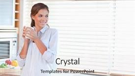  Presentation with cup coffee - Presentation enhanced with tea break - happy woman holding a cup background and a white colored foreground