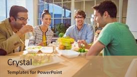  Presentation with young business people - Amazing slide deck having tea break - young business people having lunch backdrop and a coral colored foreground