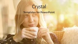  Presentation with tea coffee - PPT theme enhanced with tea cafe - beautiful blonde female drink coffee background and a lemonade colored foreground