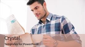  Presentation with office newspaper - PPT layouts having tea company - businessman in casual cloth reading background and a coral colored foreground