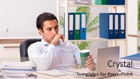  Presentation with employee anniversary work office - Slide set enhanced with tea company - young employee sitting background and a  colored foreground