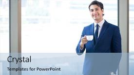  Presentation with businessman standing on mountain top - Theme with tea company - young handsome businessman standing background and a light blue colored foreground