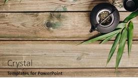  Presentation with leaves flat lay - PPT theme with tea-composition-flat-lay-teapot background and a coral colored foreground