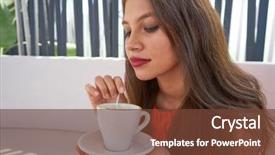  Presentation with coffee - PPT layouts consisting of tea cup beach - young latin woman having coffee background and a  colored foreground