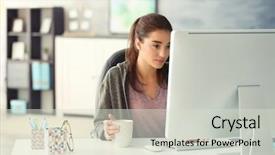  Presentation with working - PPT theme having tea cup pen - beautiful young woman working background and a lemonade colored foreground