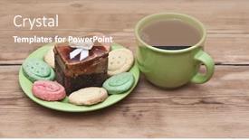  Presentation with muffin - Slide deck consisting of tea cup with colorful cookies and brown muffin on table background and a coral colored foreground