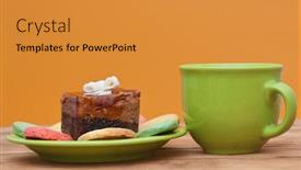  Presentation with muffin - Amazing theme having tea cup with colorful cookies and brown muffin on table backdrop and a gold colored foreground