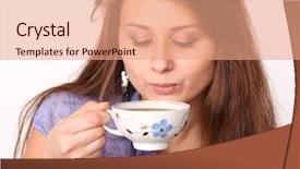  Presentation with lady - Amazing theme having tea cups saucer - beautiful brunette lady drinking bracing backdrop and a  colored foreground