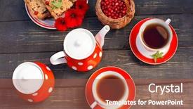 Presentation with tea party - Colorful presentation design enhanced with tea cups top view tea backdrop and a red colored foreground