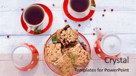  Presentation with tea party - Beautiful presentation design featuring tea cups top view tea backdrop and a coral colored foreground