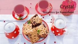  Presentation with afternoon tea - Colorful presentation enhanced with tea cups top view tea backdrop and a coral colored foreground