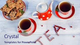  Presentation with party time - Presentation design consisting of tea cups top view tea background and a sky blue colored foreground