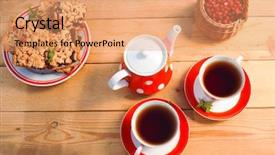  Presentation with party time - Beautiful PPT theme featuring tea cups top view tea backdrop and a coral colored foreground