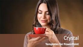  Presentation with hot and cold coffee cup - Presentation theme consisting of tea drinking - portrait of pretty woman background and a  colored foreground