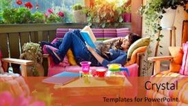  Presentation with tea - PPT theme featuring tea garden - woman enjoying her comfortable terrace background and a red colored foreground