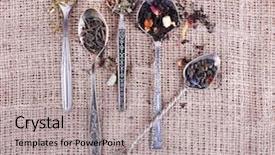  Presentation with fabric - Colorful slides enhanced with tea in spoons on sackcloth backdrop and a  colored foreground