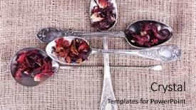  Presentation with fabric - Audience pleasing theme consisting of tea in spoons on sackcloth backdrop and a  colored foreground