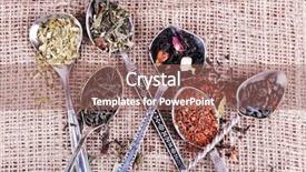  Presentation with varieties of tea - Slides with tea in spoons on sackcloth background and a  colored foreground