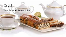  Presentation with swiss roll - Slides featuring tea in white tea service background and a  colored foreground