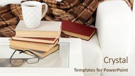  Presentation with pile - Theme consisting of tea lights - tabletop with pile of books background and a sky blue colored foreground