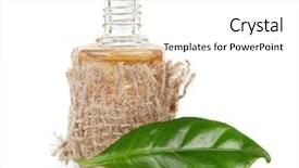  Presentation with tea leaves fresh green leaf - PPT theme enhanced with tea oil in glass bottle background and a  colored foreground