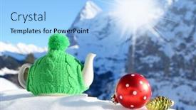  Presentation with alpine - Slides enhanced with tea pot in the cap against alpine scenery background and a light blue colored foreground