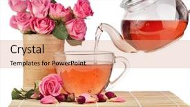  Presentation with white rose - Amazing PPT theme having tea rose on bamboo tablecloth backdrop and a coral colored foreground