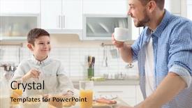  Presentation with lunch - Presentation theme consisting of tea sausages - dad and son having lunch background and a soft green colored foreground