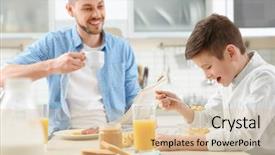  Presentation with lunch - Presentation design having tea sausages - dad and son having lunch background and a lemonade colored foreground